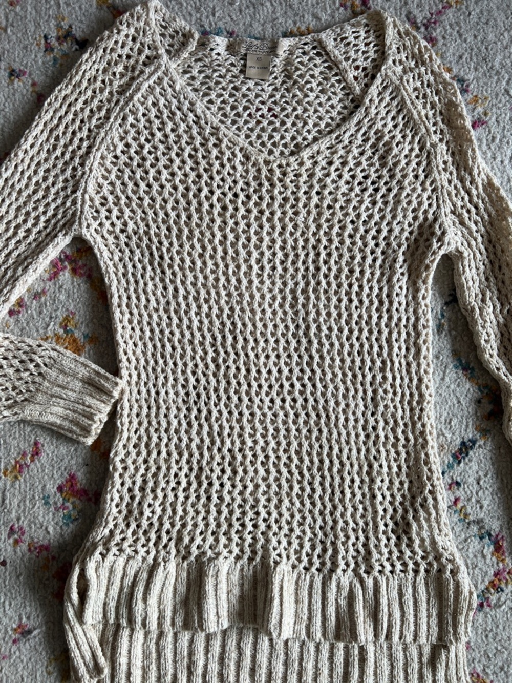 Lucky Brand Open Crochet V-Neck Sweater in Cream